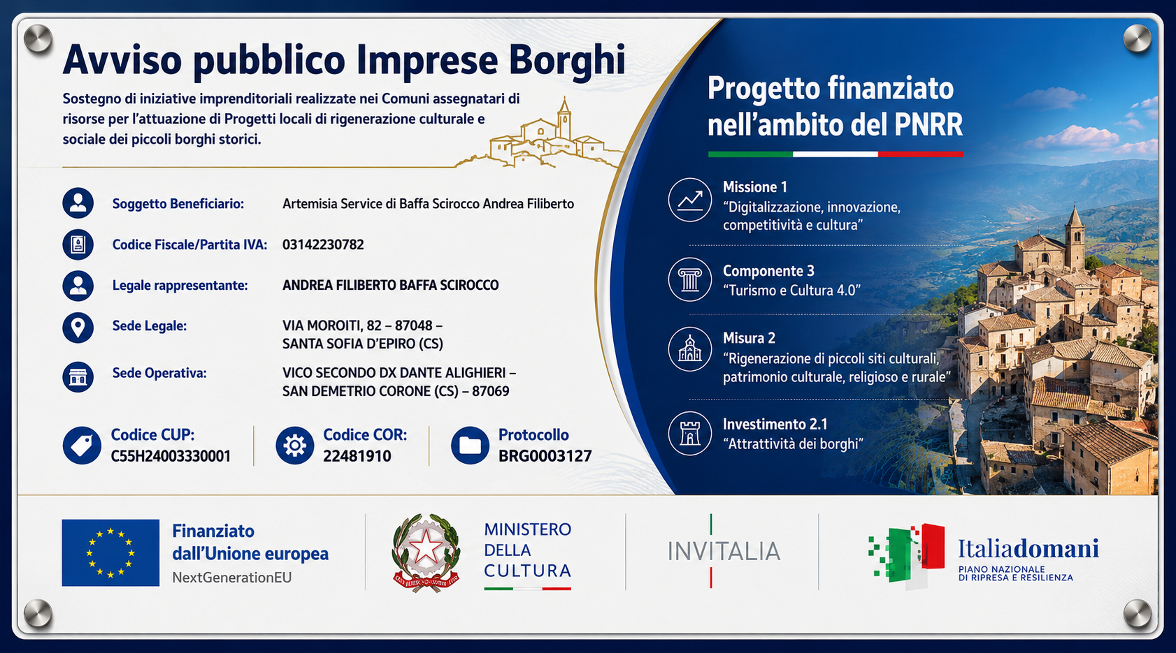 Grafica targa informativa PNRR Imprese Borghi Artemisia Service