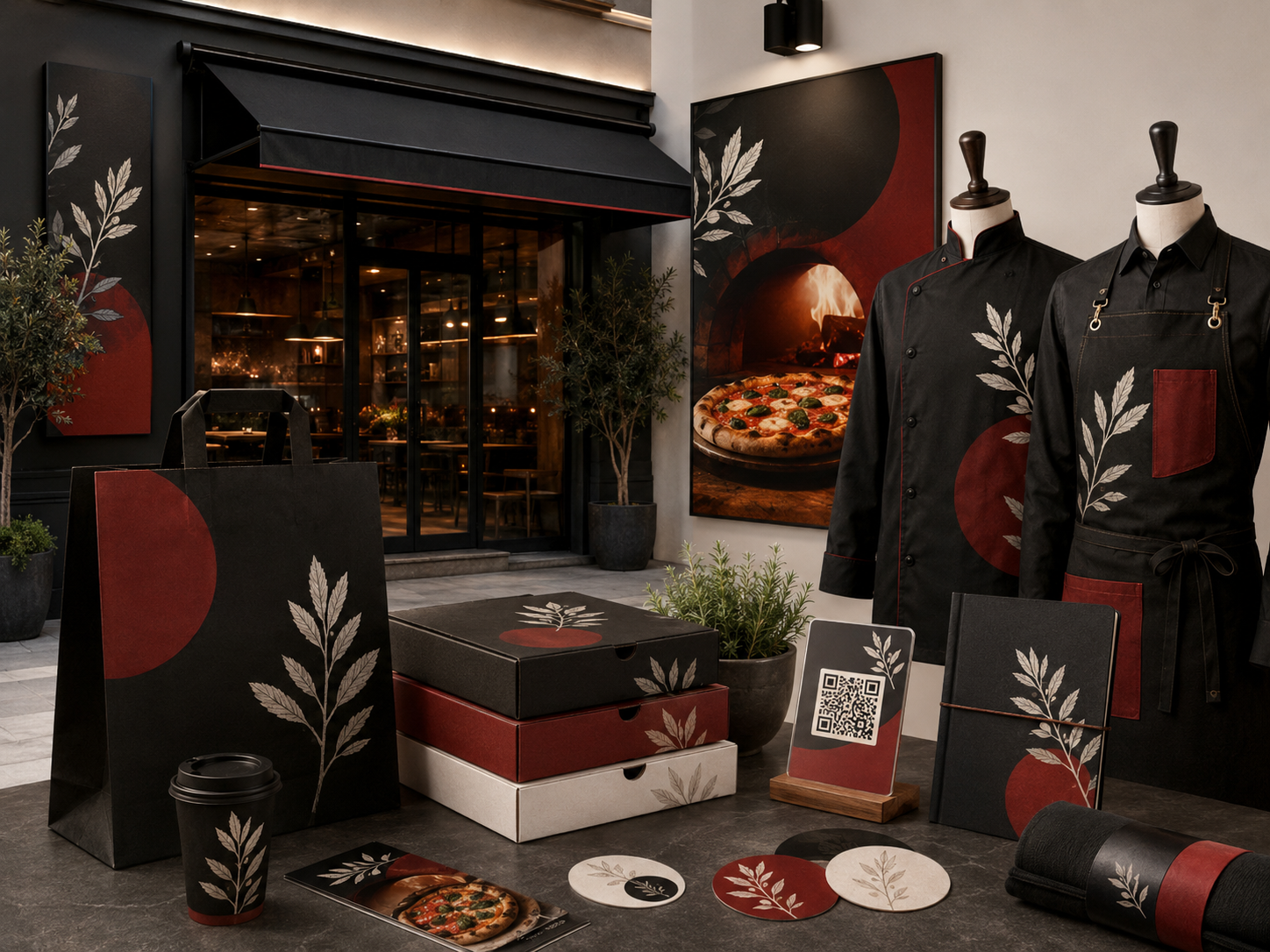 Kit Rilancio Locale Food con packaging, QR, staff, vetrina e materiali coordinati