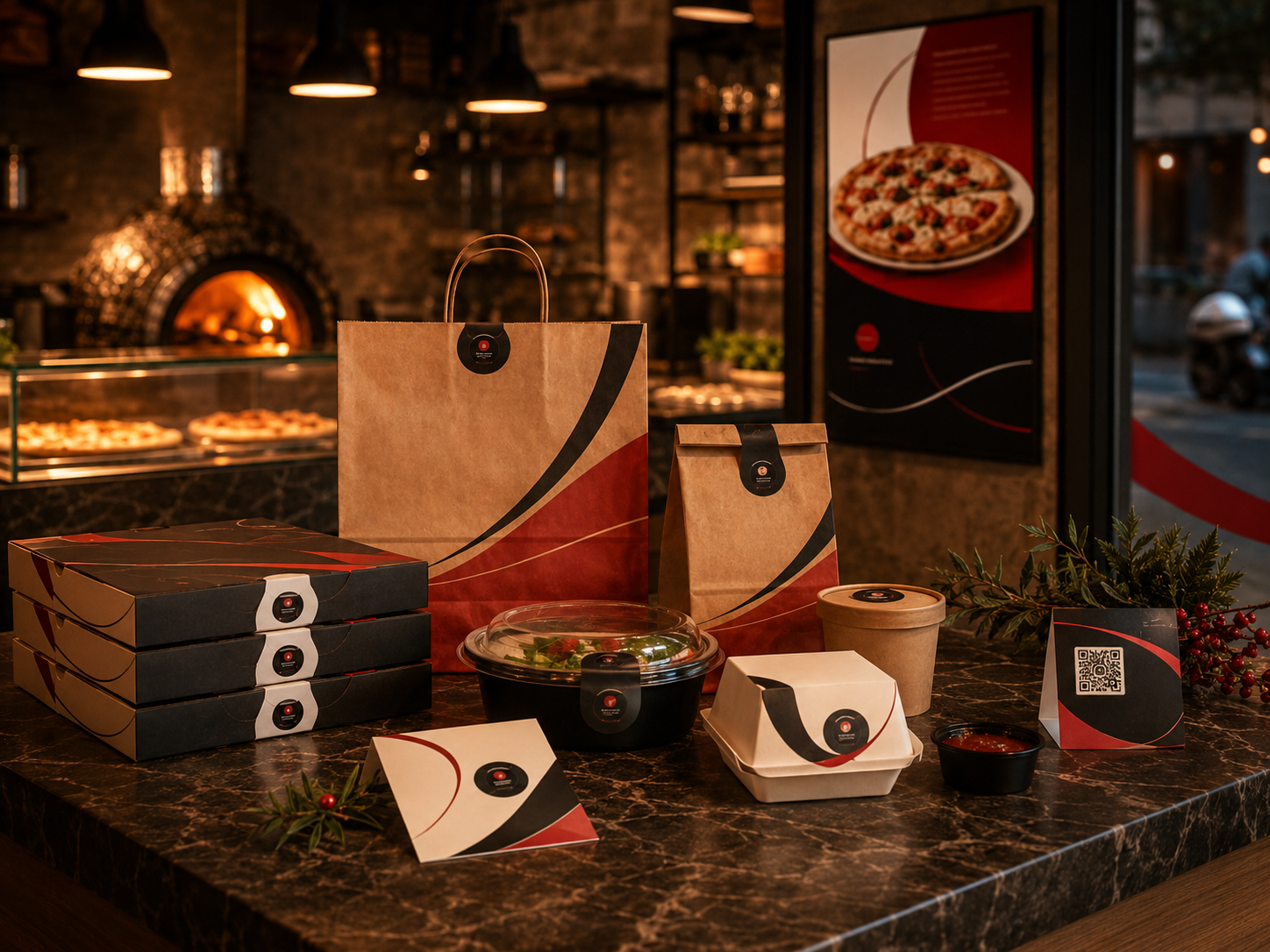 Materiali personalizzati per food delivery e asporto: sigilli, sticker, card ringraziamento, QR recensioni e packaging coordinato