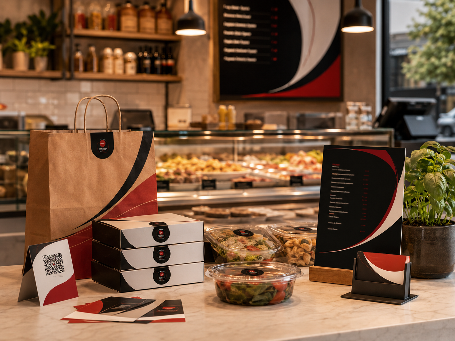 Materiali personalizzati per gastronomie e take away: etichette prodotto, bollini, card ingredienti, QR WhatsApp e cartelli banco