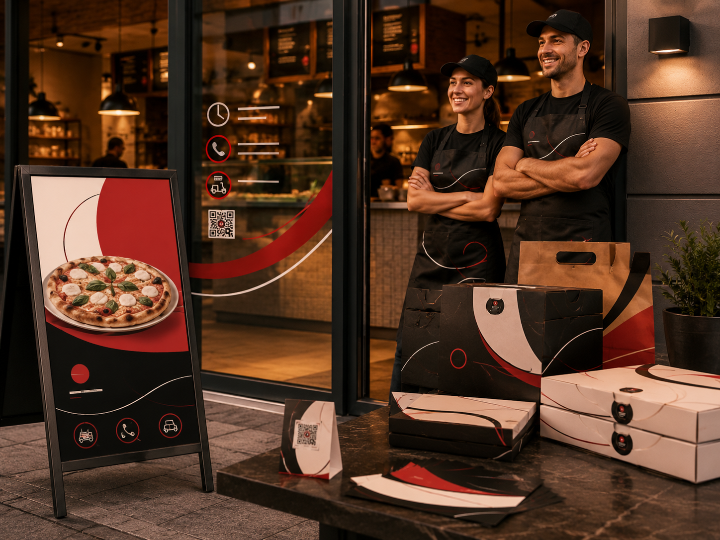 Materiali personalizzati per nuove aperture e rilanci food: vetrina, promo apertura, packaging, QR menu e staff coordinato