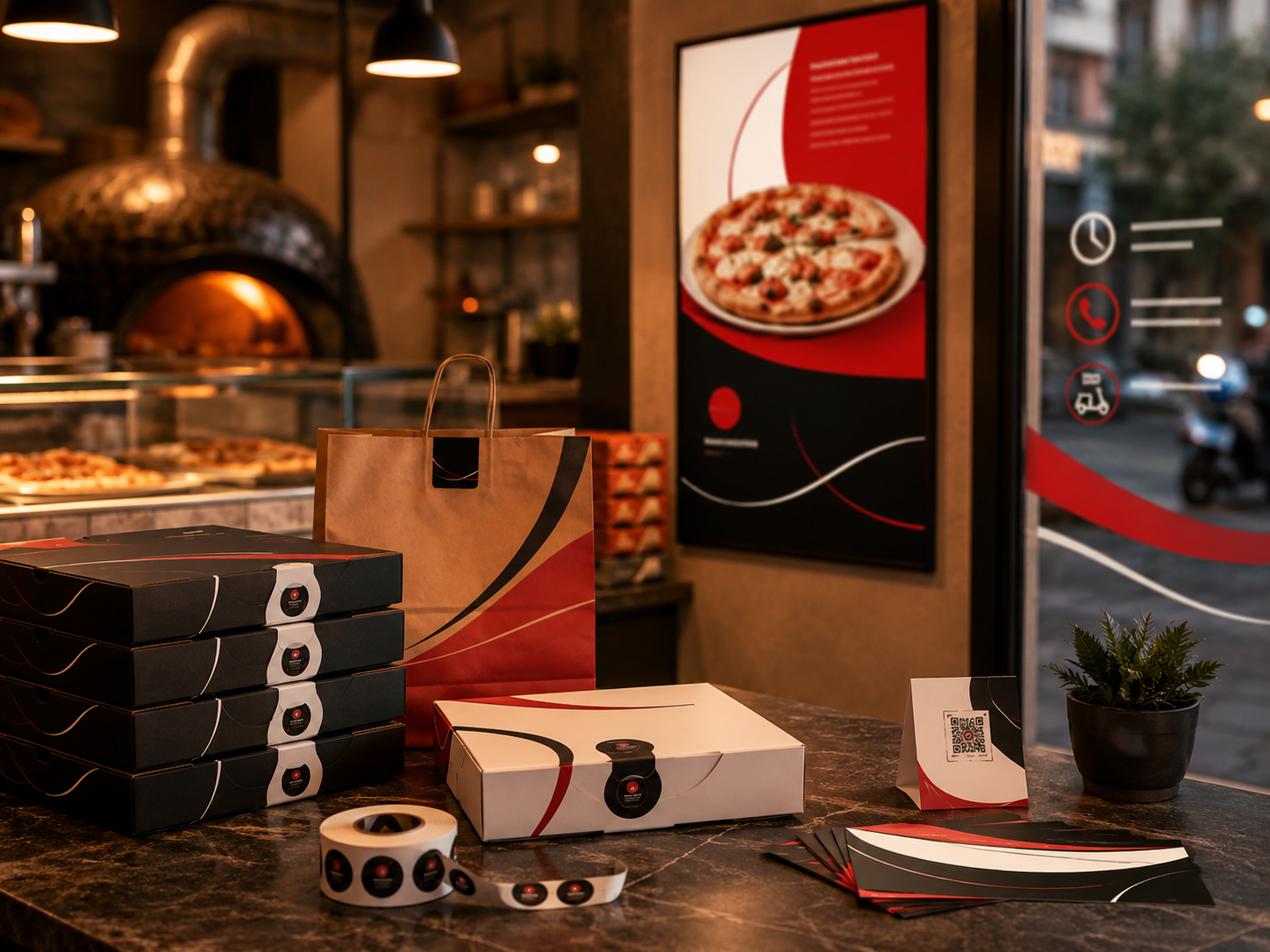 Materiali personalizzati per pizzerie e rosticcerie: box pizza, bollini, sigilli, card e manifesto promozionale