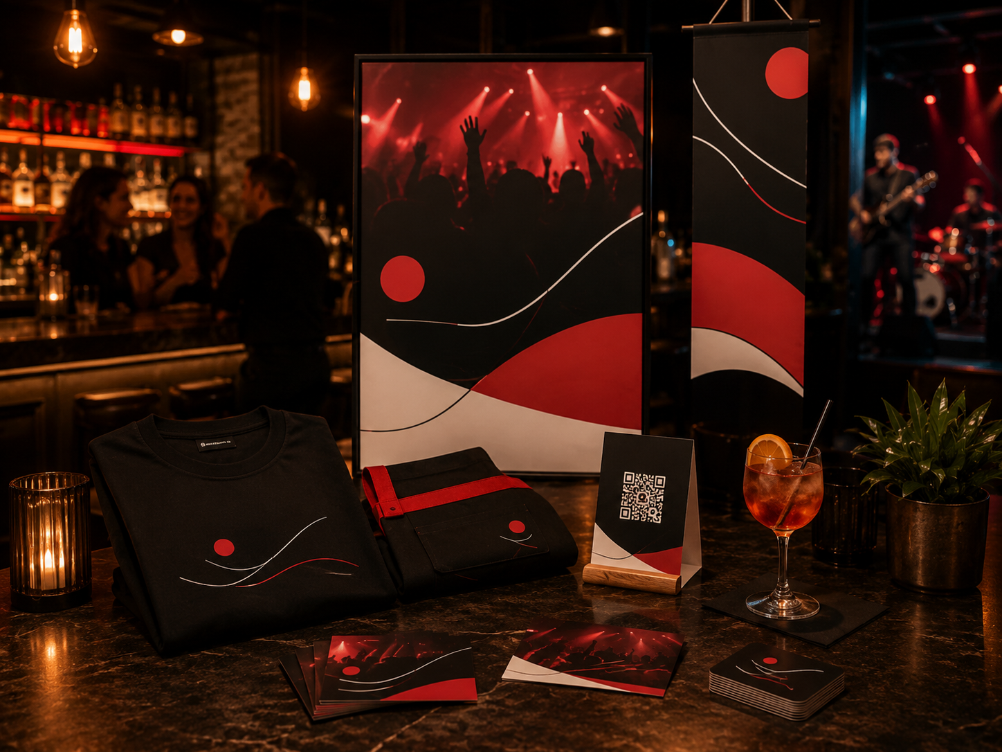 Materiali personalizzati per pub, bar e locali serali: manifesti, QR prenotazione, card promo, striscioni e staff