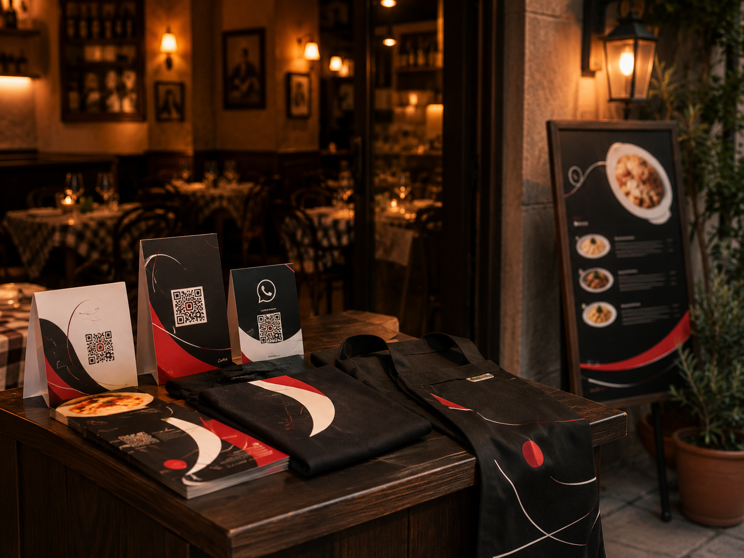 Materiali personalizzati per ristoranti e trattorie: QR menu, QR recensioni, card prenotazione, menu esterno e staff